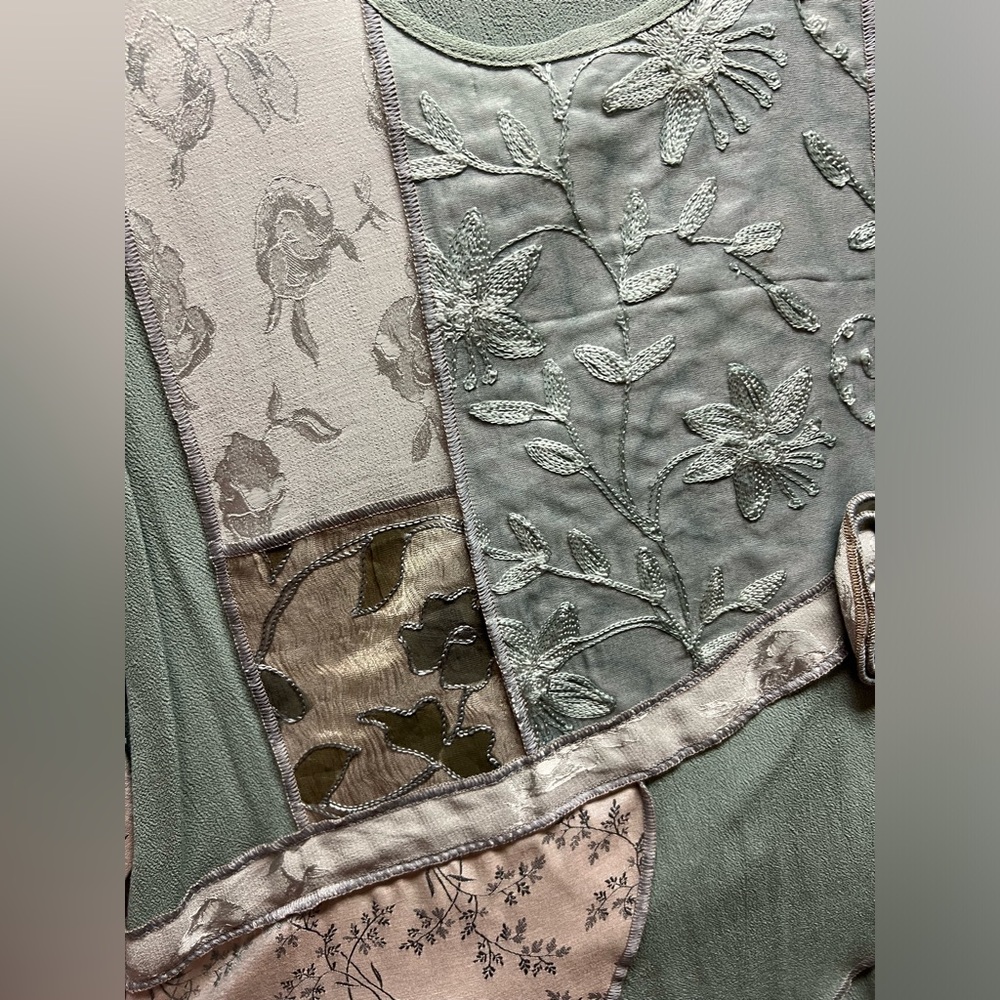 Elegant Sage Green and Cream Patchwork Shirt And Skirt Set - Picture 8 of 12